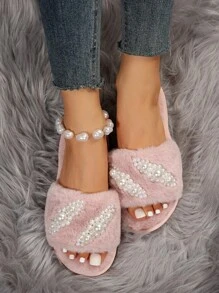 女士水钻蝴蝶结拖鞋，毛绒室内家居套脚鞋，简约时尚，防滑，适合秋冬季节，毛茸茸的鞋子，蓬松的拖鞋 - 粉色 - 查看 7