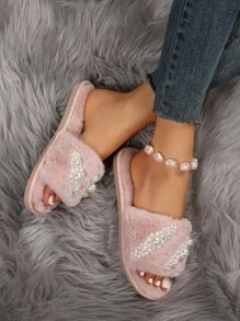 女士水钻蝴蝶结拖鞋，毛绒室内家居套脚鞋，简约时尚，防滑，适合秋冬季节，毛茸茸的鞋子，蓬松的拖鞋 - 粉色 - 查看 8