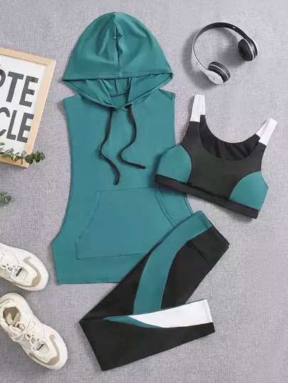 Easithlete Colorblock Drawstring Hooded Sports Set Workout Women Setwomen Workout Set