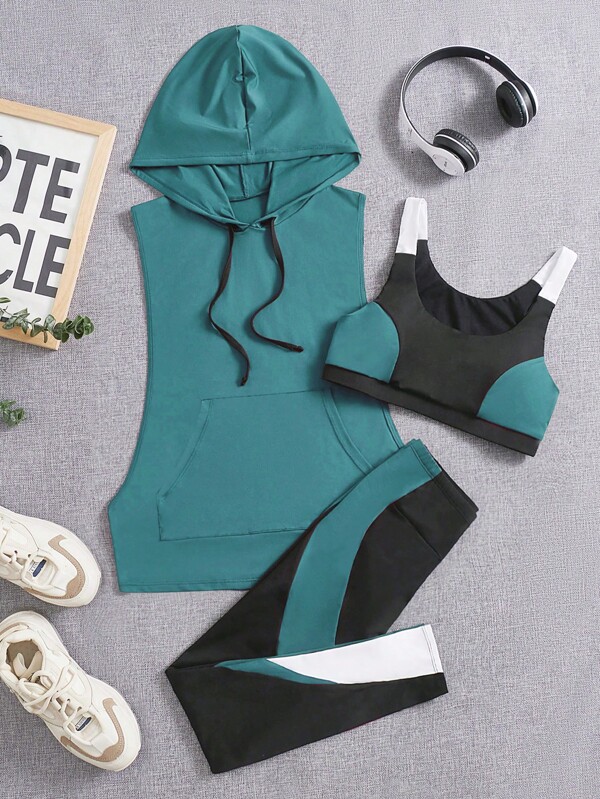 SHEIN Sport Studio Colorblock Drawstring Hooded Sports Set Workout Women Setwomen Workout Set