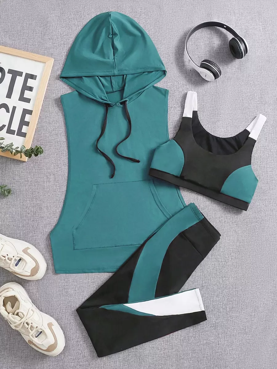 SHEIN Sports Farbblockoptik Sport-Set mit Kapuze und Kordelzug, Trainingsanzug für Frauen