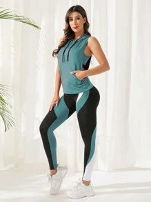 SHEIN Sports Farbblockoptik Sport-Set mit Kapuze und Kordelzug, Trainingsanzug für Frauen - Verschiedenfarbig - Übersicht 3