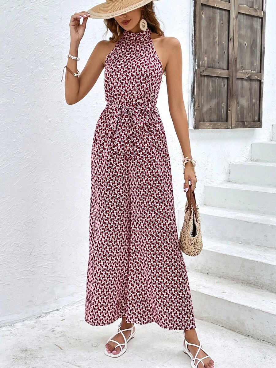 SHEIN Frenchy Áo liền quần nữ Thắt lưng Hình học Tất cả trên in Giải trí - Nhiều màu - Xem 1