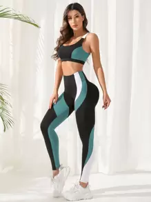 SHEIN Sports Farbblockoptik Sport-Set mit Kapuze und Kordelzug, Trainingsanzug für Frauen - Verschiedenfarbig - Übersicht 7