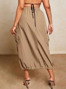SHEIN BAE Plus Drawstring Waist Flap Pocket Side Cargo Skirt - Camel - View 2