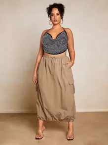 SHEIN BAE Plus Drawstring Waist Flap Pocket Side Cargo Skirt - Camel - View 3