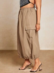 SHEIN BAE Plus Drawstring Waist Flap Pocket Side Cargo Skirt - Camel - View 4