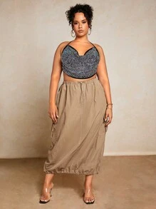 SHEIN BAE Plus Drawstring Waist Flap Pocket Side Cargo Skirt - Camel - View 5