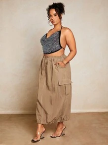 SHEIN BAE Plus Drawstring Waist Flap Pocket Side Cargo Skirt - Camel - View 7