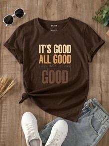 INAWLY 标语图案 T 恤 IT'S GOOD ALL GOOD Everyday Is Very GOOD 图案 T 恤 女式上衣 - 巧克力棕 - 查看 1