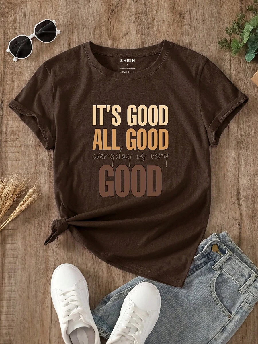 INAWLY 标语图案 T 恤 IT'S GOOD ALL GOOD Everyday Is Very GOOD 图案 T 恤 女式上衣 - 巧克力棕 - 查看 1