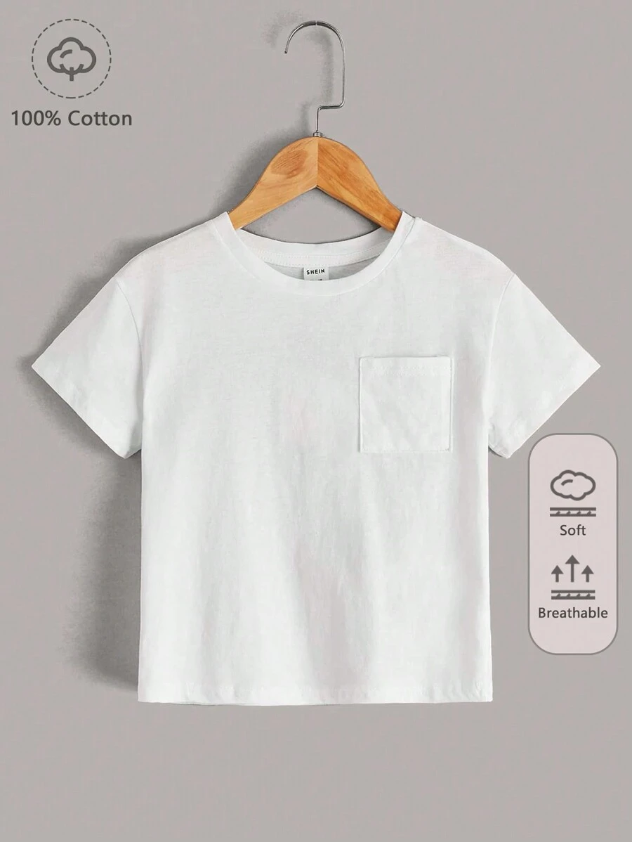 SHEIN Toddler Boys 100% Cotton Solid Pocket Front Tee - White - View 1