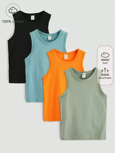 4pcs Young Boys Solid Color Tank Top, Casual