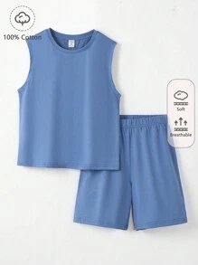 SHEIN Boys 100% Cotton Solid Tank Top & Shorts - Blue - View 1