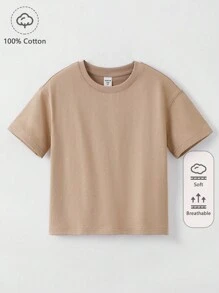 SHEIN Bé trai Áo thun Bông 100% Chất rắn Vòng cổ - Màu Khaki - Xem 1