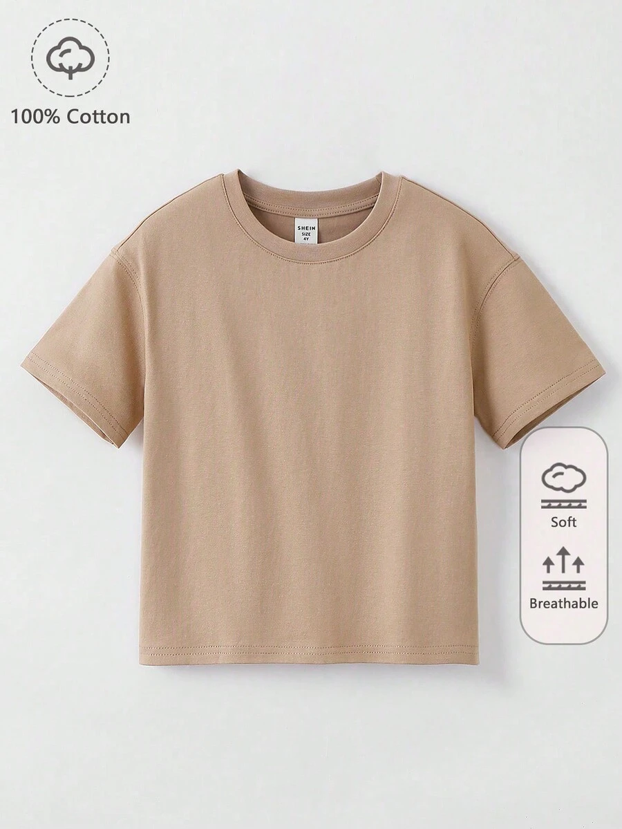 SHEIN Bé trai Áo thun Bông 100% Chất rắn Vòng cổ - Màu Khaki - Xem 1