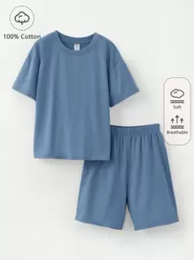 SHEIN Boys 100% Cotton Solid Drop Shoulder Tee & Shorts - Dusty Blue - View 1