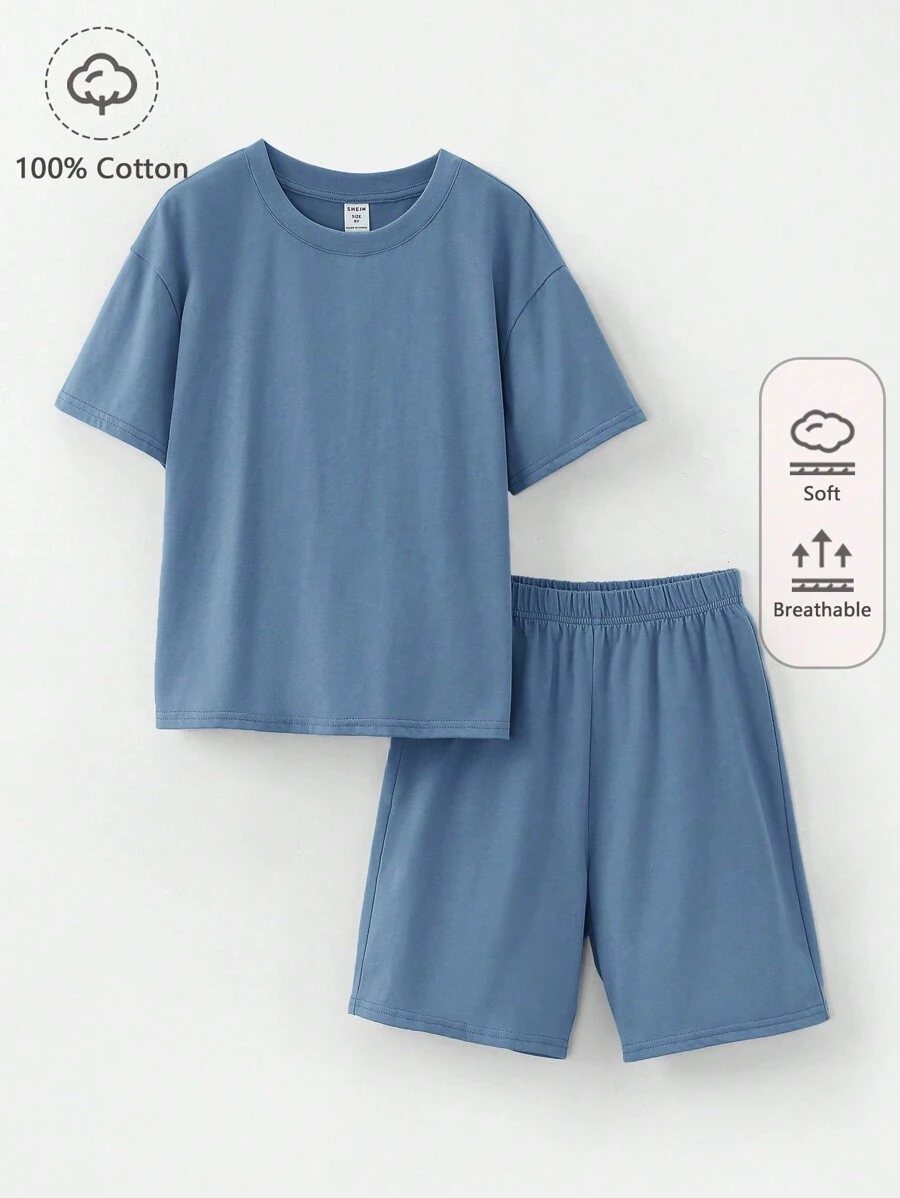 SHEIN Boys 100% Cotton Solid Drop Shoulder Tee & Shorts - Dusty Blue - View 1