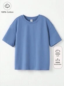SHEIN Boys 100% Cotton Solid Drop Shoulder Tee - Dusty Blue - View 1