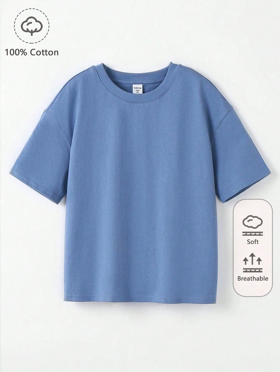 SHEIN Boys 100% Cotton Solid Drop Shoulder Tee - Dusty Blue - View 1