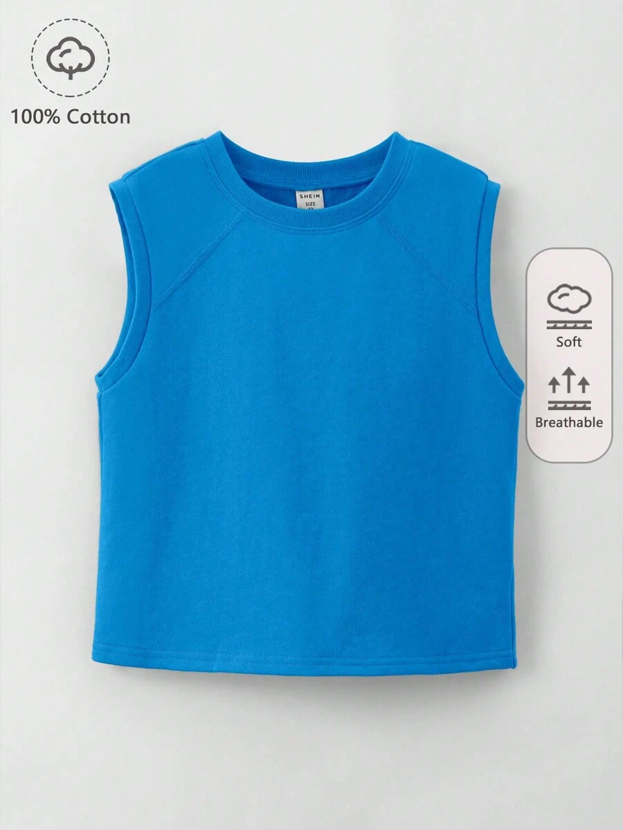 SHEIN Toddler Boys 100% Cotton Solid Raglan Sleeve Tee - Blue - View 1