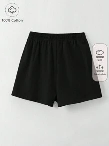 SHEIN 女孩100%棉素色彈性腰帶短褲 - 黑色 - 查看 1