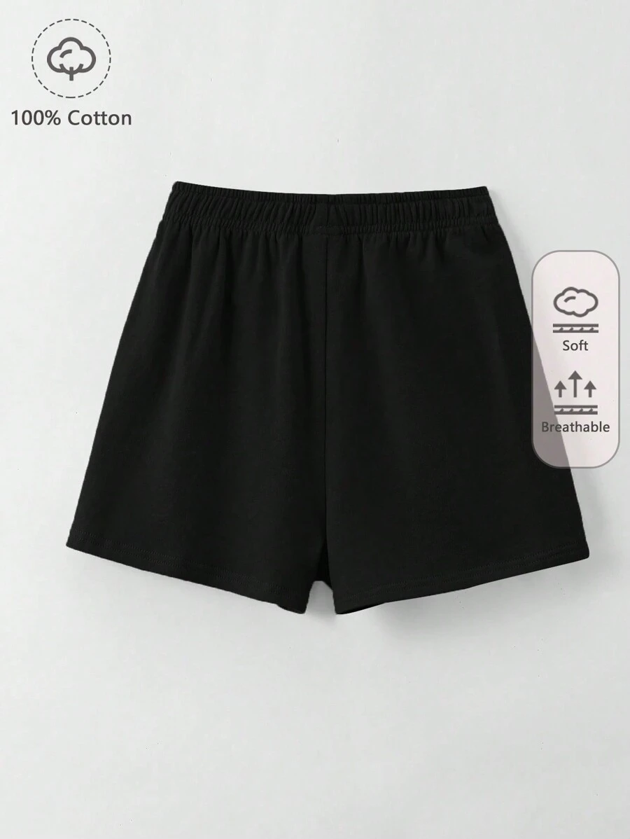 SHEIN 女孩100%棉素色彈性腰帶短褲 - 黑色 - 查看 1