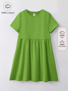 SHEIN Girls 100% Cotton Solid Smock Dress - Lime Green - View 1