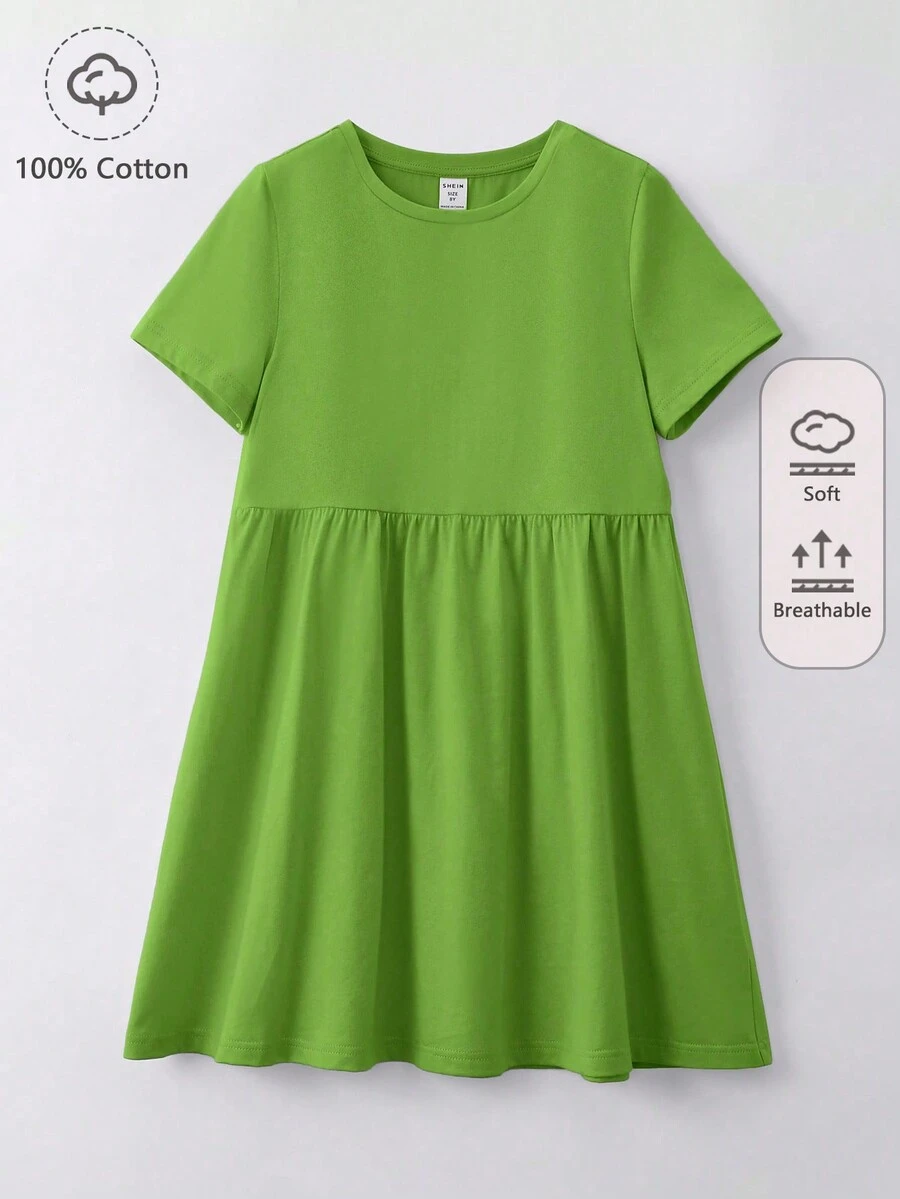 SHEIN Girls 100% Cotton Solid Smock Dress - Lime Green - View 1