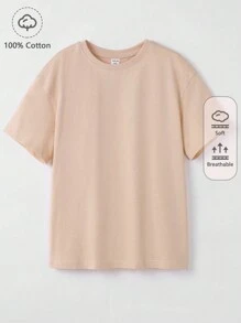 SHEIN Girls 100% Cotton Solid Drop Shoulder Tee - Apricot - View 1