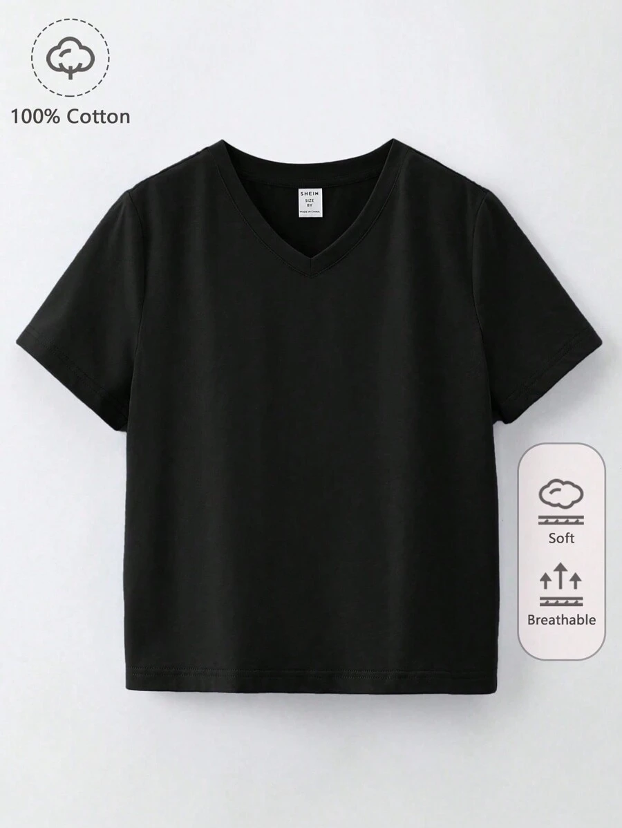 SHEIN Boys 100% Cotton Solid V Neck Tee - Black - View 1