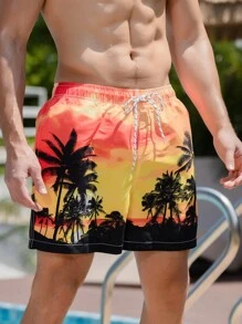 Surfspeed Men Coconut Tree Print Drawstring Waist Swim Trunks - Multicolor - View 1