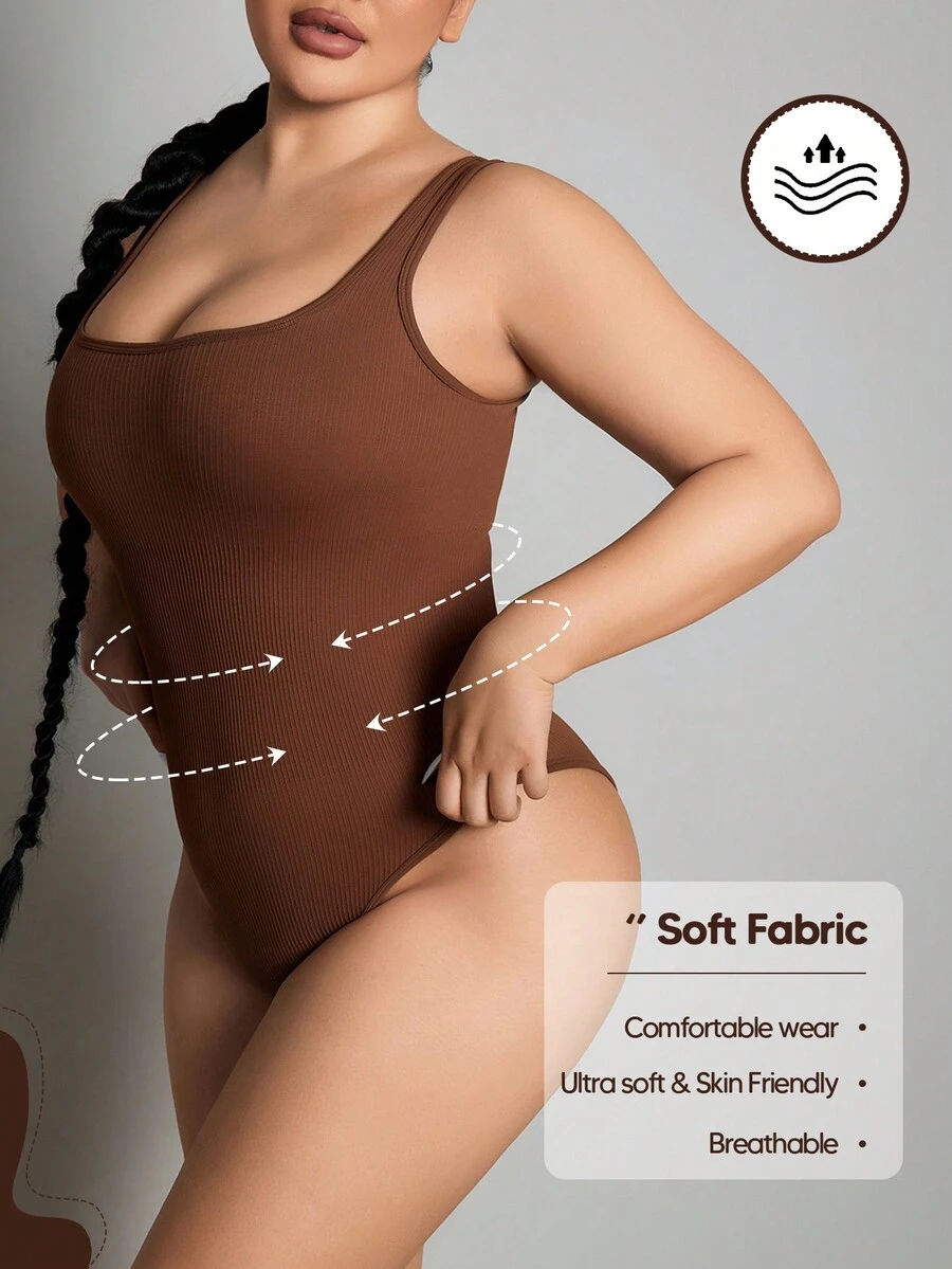 Solid Scoop Neck Tank Bodysuit - Coffee Brown - View 1