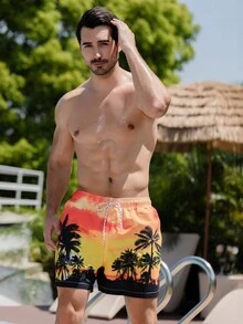 Surfspeed Men Coconut Tree Print Drawstring Waist Swim Trunks - Multicolor - View 5