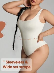 女士纯色罗纹无缝塑身连体衣，休闲夏季优雅款 - 米色 - 查看 3