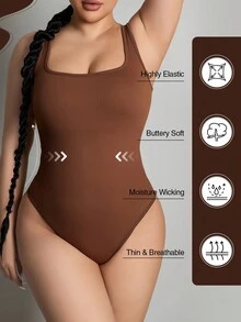 Solid Scoop Neck Tank Bodysuit - Coffee Brown - View 3