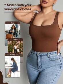 Solid Scoop Neck Tank Bodysuit - Coffee Brown - View 5