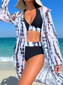 Swim Lushoire Summer Beach Tie Dye Halter Bikini Set With Kimono - Black and White - View 1