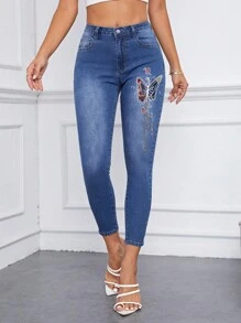 SHEIN Essnce 蝴蝶圖案緊身牛仔褲 - 中等水洗藍 - 查看 6