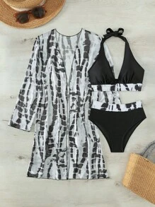 Swim Lushoire Summer Beach Tie Dye Halter Bikini Set With Kimono - Black and White - View 5