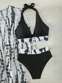 Swim Lushoire Summer Beach Tie Dye Halter Bikini Set With Kimono - Black and White - View 6