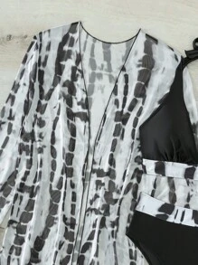 Swim Lushoire Summer Beach Tie Dye Halter Bikini Set With Kimono - Black and White - View 7