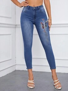 SHEIN Essnce 蝴蝶圖案緊身牛仔褲 - 中等水洗藍 - 查看 4