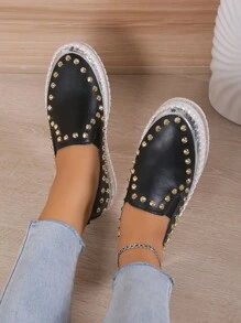 Giày Loafer Màu Đen Punk Cho Nữ, Giày Đế Bằng Trang Trí Mũi Nhọn - màu đen - Xem 1