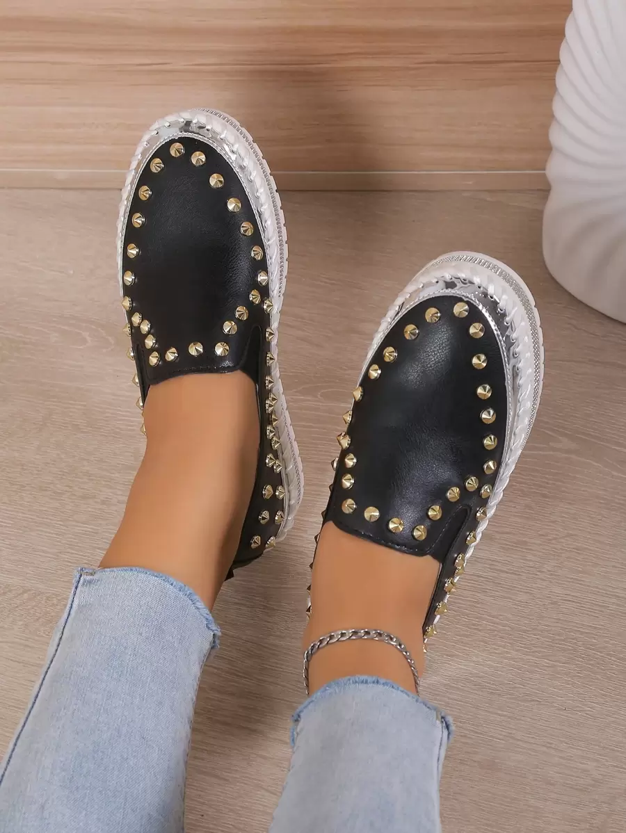 Giày Loafer Màu Đen Punk Cho Nữ, Giày Đế Bằng Trang Trí Mũi Nhọn - màu đen - Xem 1