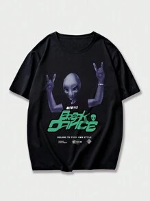 ROMWE MEN Street Life Guys Alien Graphic Tee - Black - View 1