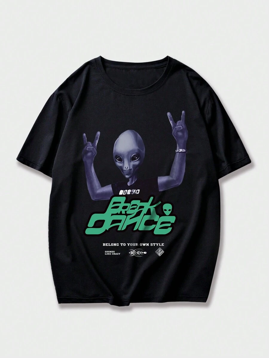 ROMWE MEN Street Life Guys Alien Graphic Tee - Black - View 1