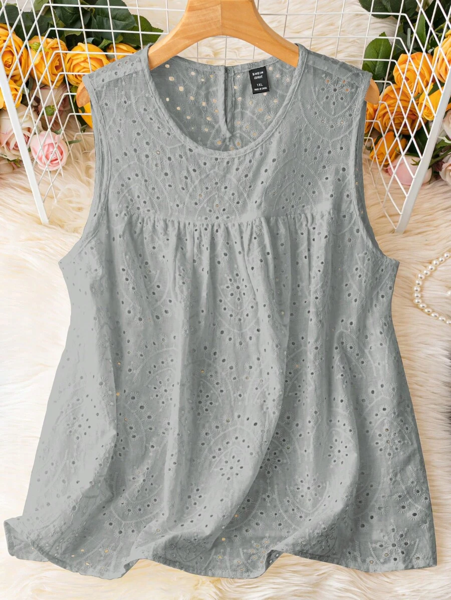 SHEIN Holidaya Áo hai dây Plus Size Tranh thêu màu trơn Giải trí - Xám - Xem 1