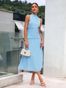 Sollinarry Đầm viền lá sen Dải chun Nút phía trước màu trơn Giải trí - Màu xanh lam - Xem 1