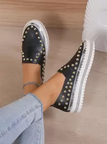 Giày Loafer Màu Đen Punk Cho Nữ, Giày Đế Bằng Trang Trí Mũi Nhọn - màu đen - Xem 4